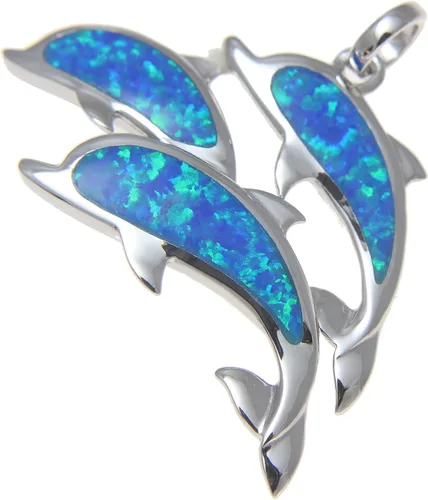 Vista 2 de Arthur's Jewelry Colgante de plata de ley 925 hawaiana triple 3 delfín azul ópalo sintético, Plata esterlina Piedra, Ópalo Sintético