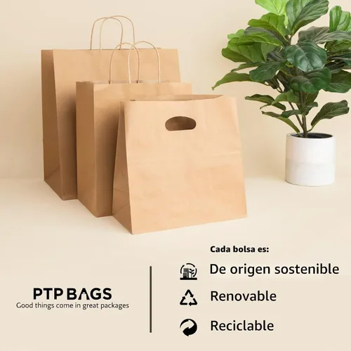 Vista 6 de PTP BAGS - Bolsas naturales y blancas de papel de estraza, 11 x 6 x 11 pulgadas, bolsas para servicio de alimentos