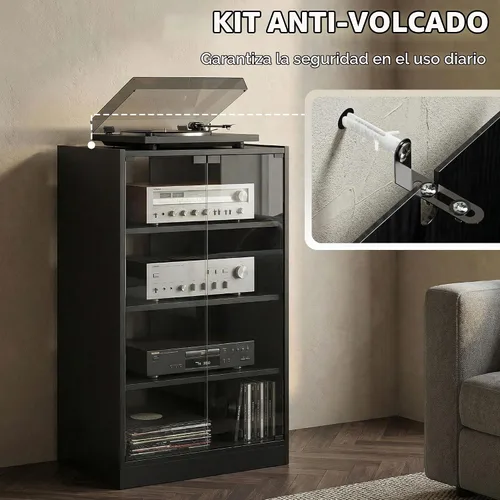 Vista 8 de HOMCOM Media Cabinet - Gabinete estéreo de 4 niveles con puerta de cristal