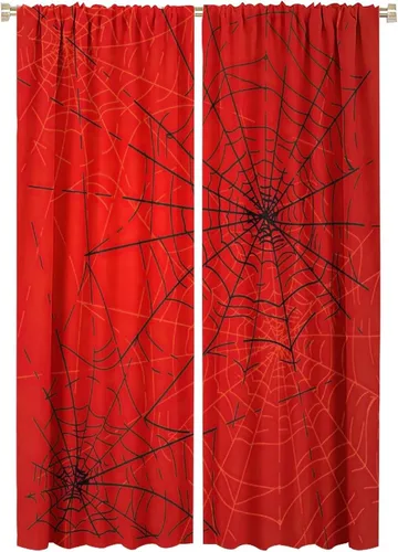 Vista 69 de Cortinas opacas de tela de araña aterradora para niños, tela de araña en blanco y negro, fondo rojo, dormitorio de niños, guardería, decoración