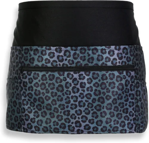 Vista 7 de Plum Hill Delantal de camarera de leopardo negro con bolsillos, delantal corto con cremallera, delantal para profesor, delantal de camarera lindo