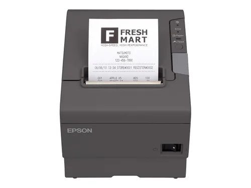 Vista 3 de Epson C31CA85656 TM-T88V Impresora térmica de recibos con fuente de poder, calificación de Energy Star, interfaz USB y Ethernet, color gris oscuro.