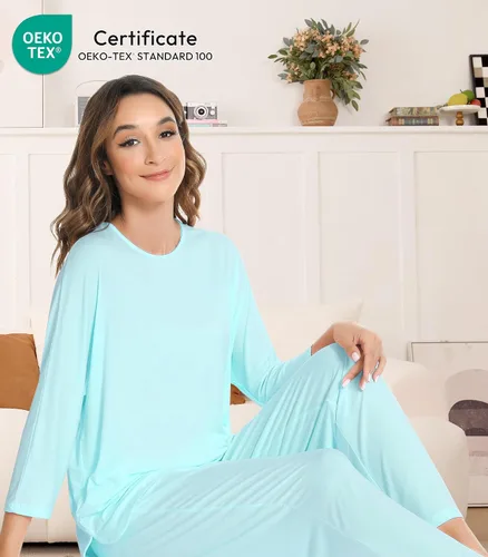 Vista 3 de NACHILA Women's Pajamas Set-Viscose Made from Bamboo, Long Sleeve Sleepwear Top with Pants Comfy Pajama Soft 2 Piece Pjs B-aqua Green
