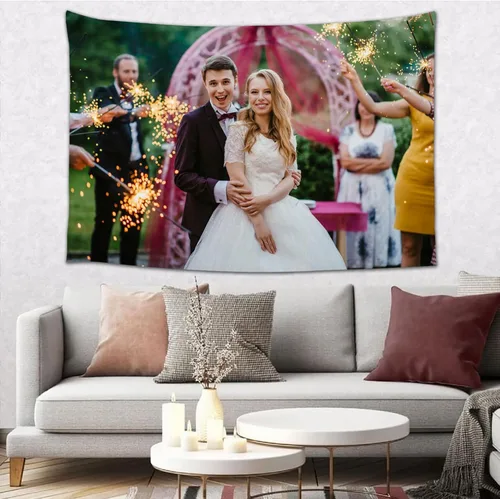 Vista 6 de Tapiz personalizado para cargar imágenes, diseño personalizado con foto/logotipo/texto, para colgar en la pared para bodas, festivales, cumpleaños