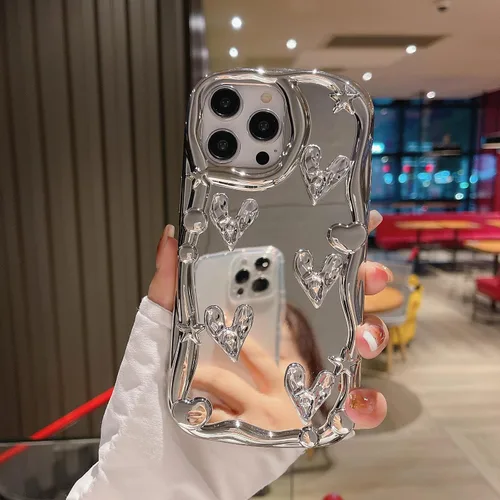 Vista 5 de Funda para iPhone 13, corazón plateado cromado brillante, funda de teléfono creativa con espejo, corazón 3D chapado con estilo, TPU suave resistente
