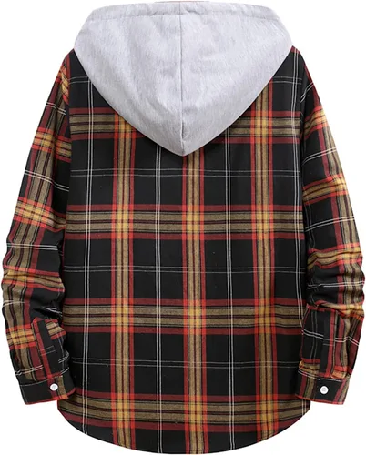 Vista 4 de Camisas de algodón a cuadros para hombre, chaqueta de franela con forro polar para hombre, camisa a cuadros de moda, hip hop, cárdigan con capucha