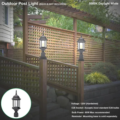 Vista 7 de LIT-PaTH Farol de poste de iluminación para exteriores, base mediana E26 máx. 60 W, carcasa de aluminio más vidrio, paquete de 2, acabado negro