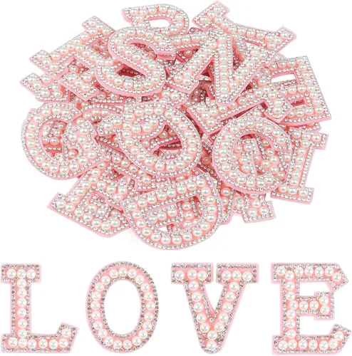 Vista 7 de Morcheiong 26 piezas de parches de letras con diamantes de imitación de perlas autoadhesivas A-Z, parches de letras de perlas para pegar en ropa