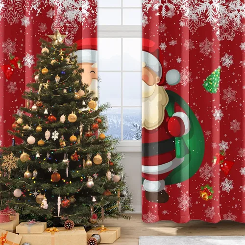 Vista 2 de AWERT Cortinas opacas de Navidad de Papá Noel para sala de estar, juego de 2 paneles de ojales plateados inoxidables, cortinas de ventana