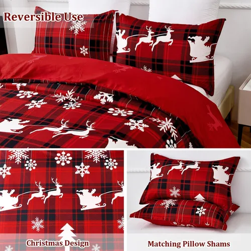 Vista 4 de Luxudecor Juego de funda de edredón de Navidad tamaño individual, 2 piezas de funda de edredón a cuadros de búfalo rojo, patrón de Santa Claus, reno