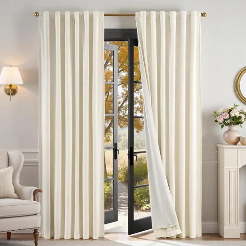 Vista 129 de Lazzzy Cortinas opacas de terciopelo beige de 84 pulgadas de largo con aislamiento térmico para oscurecer la habitación, cortinas forradas de lujo