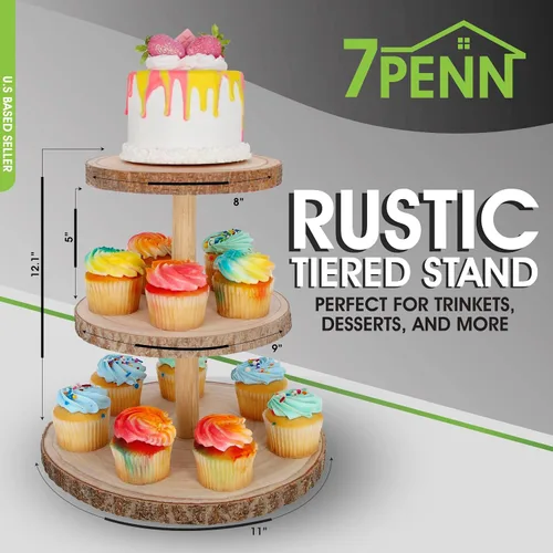 Vista 2 de 7Penn Soporte de madera para cupcakes, juego de mesa de postre rústico - Bandeja de 3 niveles para decoración de pasteles, cupcakes, galletas