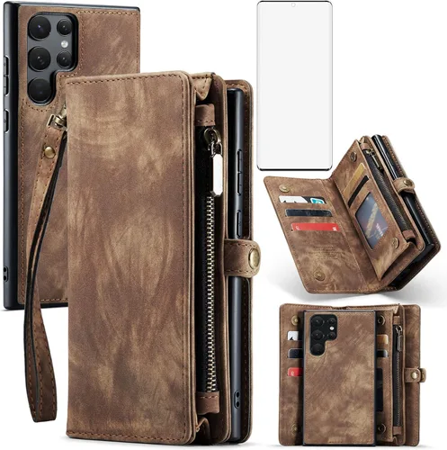 Vista 10 de Asuwish Funda de teléfono para Samsung Galaxy S22 Ultra 5G con cremallera, protector de pantalla de vidrio templado y tarjetero abatible, accesorios