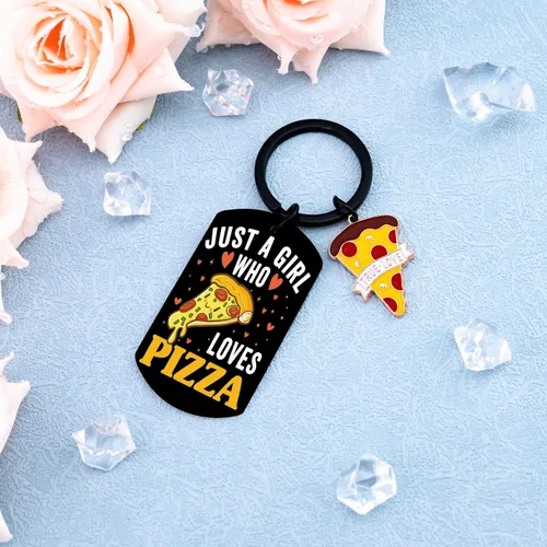 Vista 3 de Llavero con texto en inglés "Just a Girl Who Loves Pizza", regalos para niñas y mujeres, decoración divertida de comida para amantes de la pizza