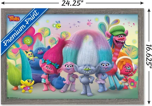 Vista 3 de Trends International DreamWorks Trolls - Póster de pared de grupo, 14.725 x 22.375 pulgadas, versión enmarcada de madera de granero