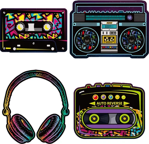 Vista 8 de Outus 12 Pieces 80's Cassette Tape Party Decorations Retro 80's Cutouts Large Cassette Player Cutouts Headphones Radio for 1970s Party Posters Decor