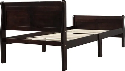 Vista 4 de Merax Base de cama de madera tamaño individual, base de colchón con cabecero, estribo, soporte de listones de madera, color espresso