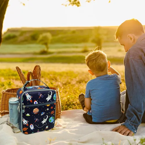 Vista 7 de Kulle - Lonchera para niños, bolsa de astronauta aislada para niños Leakproof Washable Liner,9"x3.5"x10", Front & Mesh Pockets,Reusable for