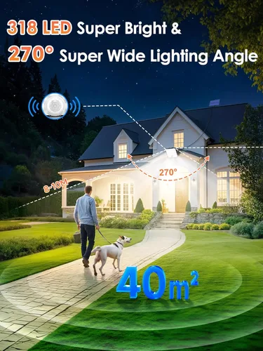 Vista 2 de PIKOY Luces solares con movimiento para exteriores impermeables, [Actualización 318LED/33FT/5 modos] Luces solares de seguridad, control remoto +