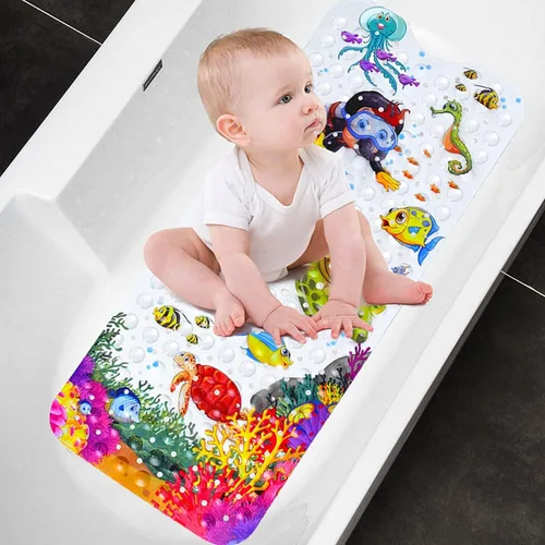 Vista 5 de Tapete de baño para bebé para niños, tapete antideslizante sin BPA para niños, tapete de dibujos animados antideslizante con ventosas y agujeros