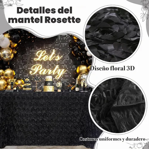 Vista 3 de B-COOL Mantel de rosetón negro de 60 x 102 pulgadas, mantel rectangular floral 3D para decoración de cumpleaños al aire libre, fiestas de cumpleaños