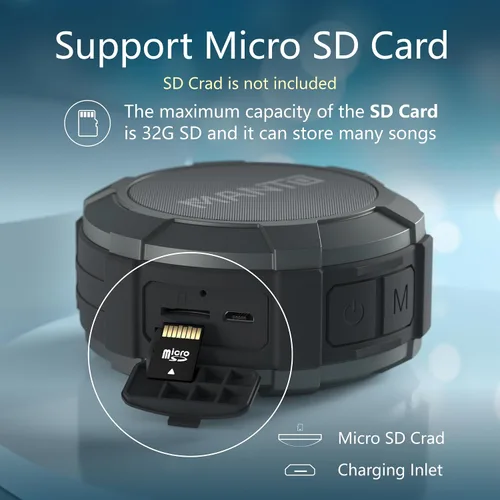 Vista 5 de MANTO Altavoz Bluetooth, altavoz Bluetooth portátil de ducha Bluetooth IPX5, sonido estéreo, compatible con tarjeta micro SD para el hogar, fiesta