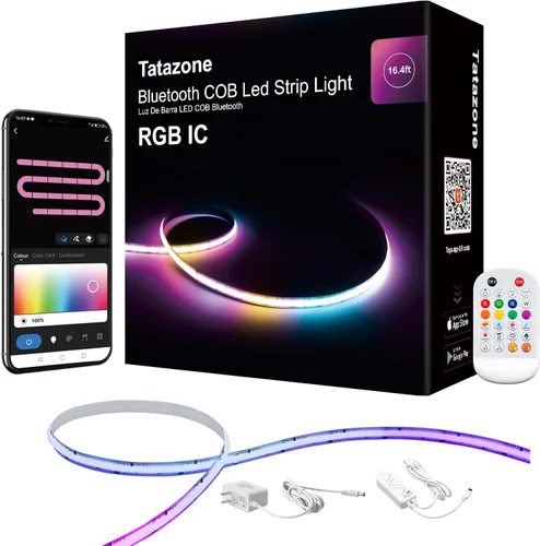 Vista 9 de Tatazone Tira de luz LED COB Bluetooth RGB+IC de 6.56 pies con aplicación, tira de luz COB de persecución, control segmentado, sincronización