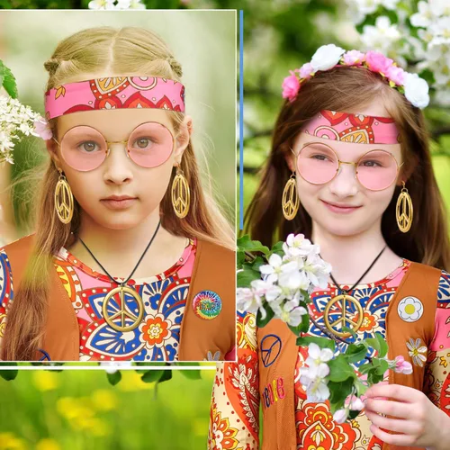 Vista 4 de 18 piezas de disfraz hippie de los años 60 y 70 para niños vestido hippie con chaleco signo de la paz diadema alfileres hippie tatuajes disfraz