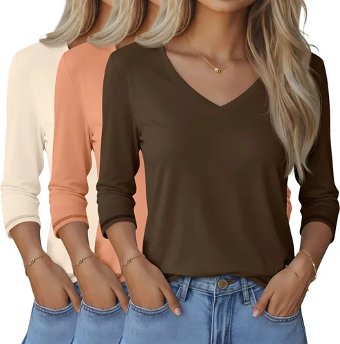 Vista 27 de Ficerd Paquete de 3 camisetas de manga 3/4 para mujer, cuello en V, blusas holgadas, blusas casuales, ropa de moda 2026
