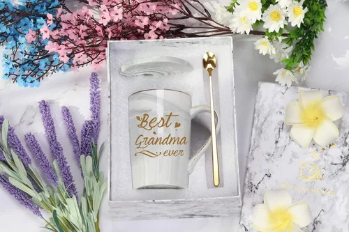 Vista 7 de Taza "Best Grandma Ever" Regalos de Café Cumpleaños Día de las Madres para de Nieta Nieto Nietos Nietos 14 Onzas Caja de Regalo con Cuchara y Tapete