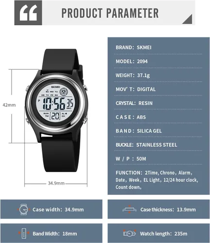 Vista 8 de Relojes digitales para mujer, pantalla LED, correa de silicona, reloj militar, multifunción, impermeable, alarma, cronómetro, retroiluminación LED