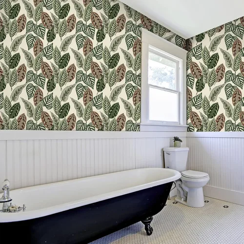 Vista 6 de VaryStyle Papel tapiz de hojas de palma tropicales de 17.7 x 118 pulgadas, color verde/beige, hojas de palmera botánicas, despegar y pegar, papel