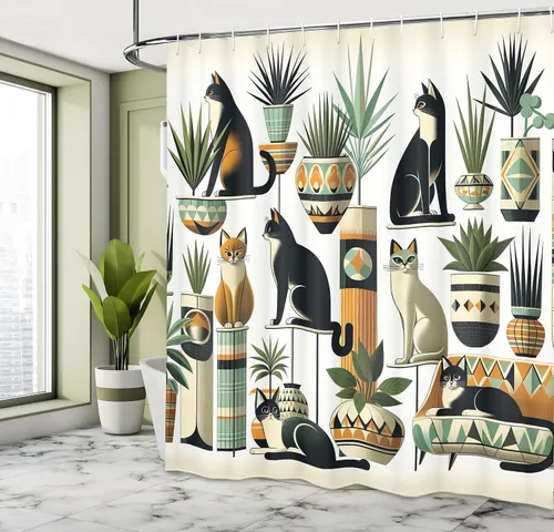Vista 2 de Ambesonne Cortina de ducha de gato, diseño bohemio de estilo étnico con poses de gatitos sentados y acostados, juego de decoración de baño de tela