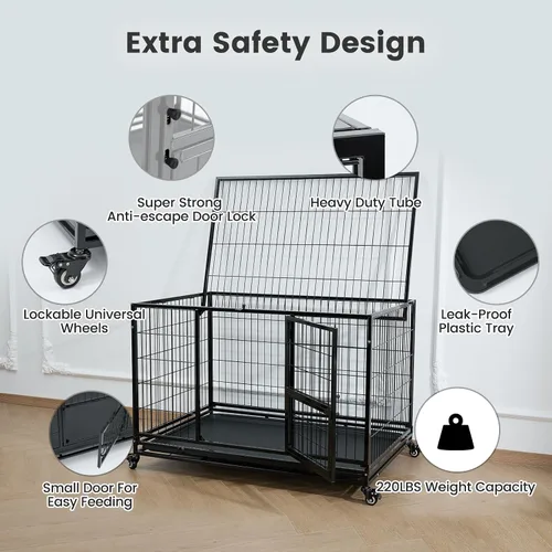 Vista 2 de Gardner Pet Jaula para perros resistente de 43 pulgadas con ruedas, jaula de metal plegable para perros pequeños y grandes, jaula indestructible