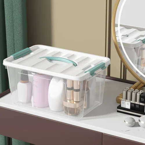 Vista 6 de Readsky Paquete de 4 cajas de plástico transparente de almacenamiento de 14 cuartos de galón con tapa y asa, organizadores apilables para el hogar