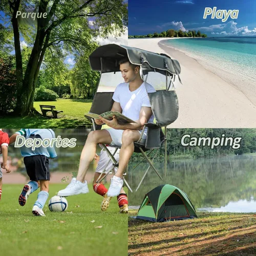 Vista 8 de Silla de playa con toldo – Silla plegable al aire libre con toldo de protección solar completa – Ideal para camping, césped, deportes, picnic