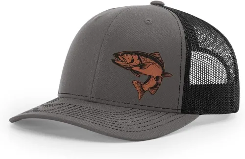 Vista 52 de Sombrero de pesca de trucha con parche de cuero grabado láser Richardson 112 Snapback Trucker Cap