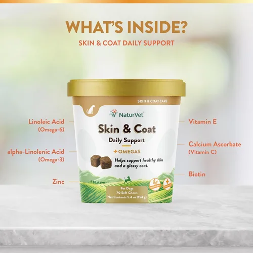 Vista 5 de NaturVet Skin and Coat Plus Aliento para perros, 70 unidades masticables suaves, fabricados en los Estados Unidos con ingredientes de origen mundial