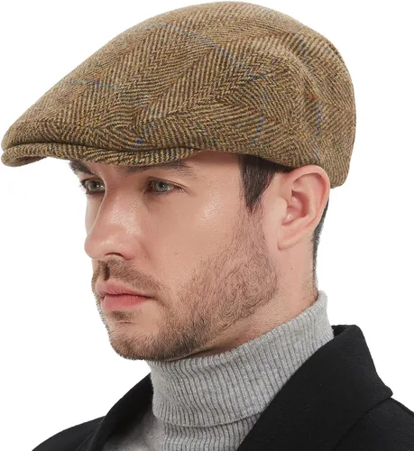 Vista 2 de Gorras de Newsboy para hombre, mezcla de lana de tweed clásica, sombrero de hiedra, pata de gallo, espiga, a cuadros, sombrero de copa plana unisex