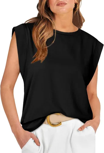Vista 9 de WIHOLL Camisetas de mangas casquillo para mujer, camisetas básicas de verano, camisetas informales sin mangas, ajuste holgado, a la moda D - Raya