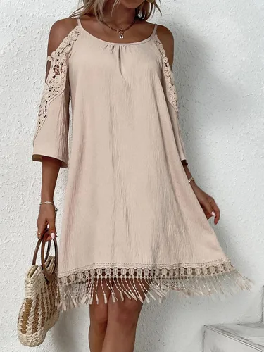 Vista 6 de WDIRARA Vestido corto de encaje con hombros descubiertos y cuello redondo, dobladillo con flecos para mujer