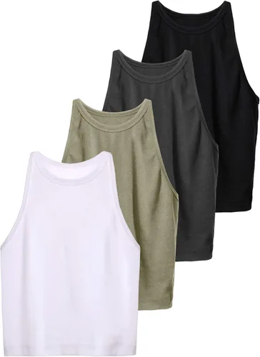 Vista 7 de 4 piezas de camisetas cortas básicas sin mangas para mujer, con espalda cruzada, de algodón, para uso diario