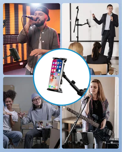 Vista 7 de Moukey Soporte ajustable para tablet con clip para teléfono compatible con soporte de micrófono y soporte de música, compatible con todos los iPad