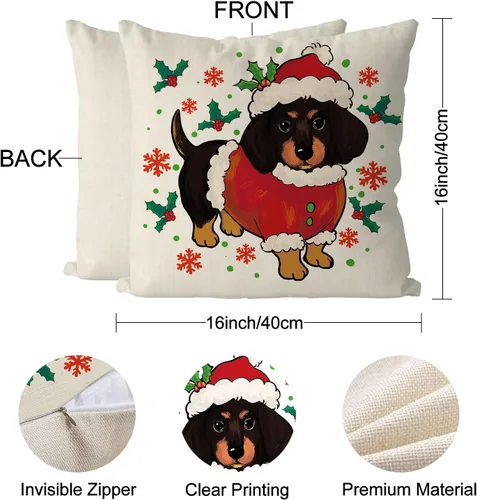 Vista 3 de Juego de 4 fundas de almohada navideñas para decoración de perro salchicha para el hogar, sofá, sala de estar, 16 x 16 pulgadas