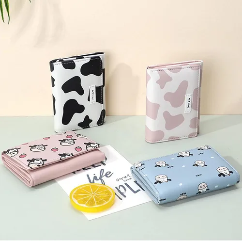 Vista 6 de Linda cartera pequeña Copmact para mujeres y niñas, triple tarjetero para identificación, ventana, bolsillo para efectivo, estampado de vaca