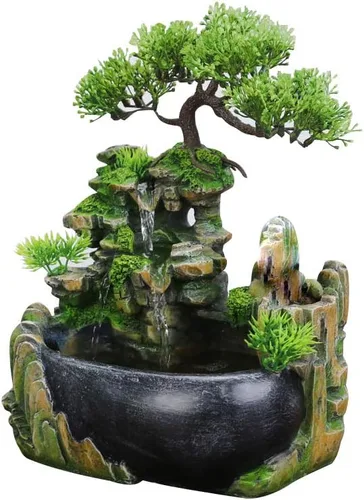 Vista 6 de Fuente de escritorio de relajación para interiores, cascada de meditación zen con bomba automática, cascada iluminada para decoración de escritorio