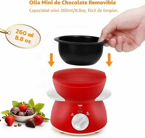 Vista 4 de Mini olla para fundir chocolate, fuente de fondue de chocolate, máquina calentadora de 8.79 onzas para chocolate con leche, queso, mantequilla Rojo