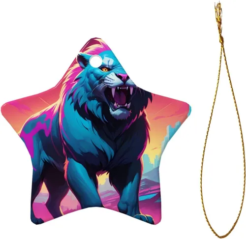 Vista 2 de Synthwave Sabertooth Printed Star Shape Ceramic Pendant, Perfect for Decorating Your Home Christmas Tree for Winter Parties