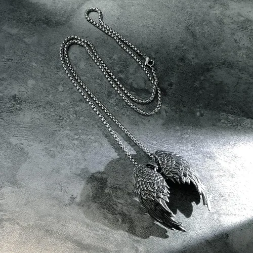Vista 4 de Bahamut - Collar de alas de ángel guardián para hombres, niños, adolescentes, colgante de acero inoxidable, joyería de amuleto fresco, cadena de 25