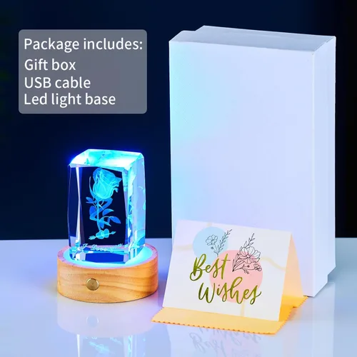Vista 6 de Regalos románticos para él y ella, regalo del día de la madre para esposa, luz nocturna de cristal de amor 3D con base LED multicolor, regalo